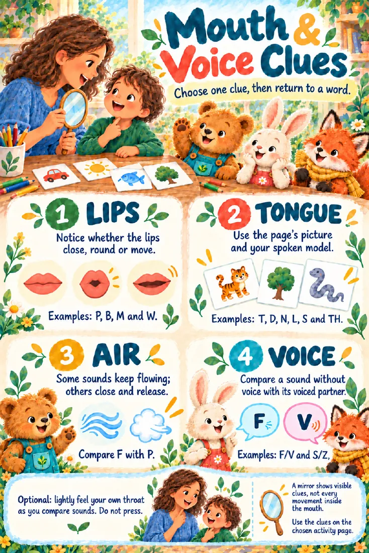 Parent Guide page 'Mouth & Voice Clues' showing lips, tongue, air and voice clues