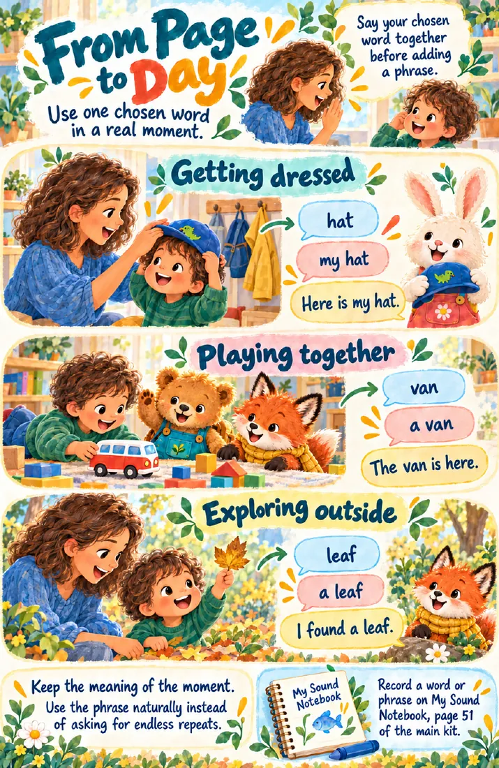 Parent Guide page 'From Page to Day' showing a chosen word used while getting dressed, playing and outside