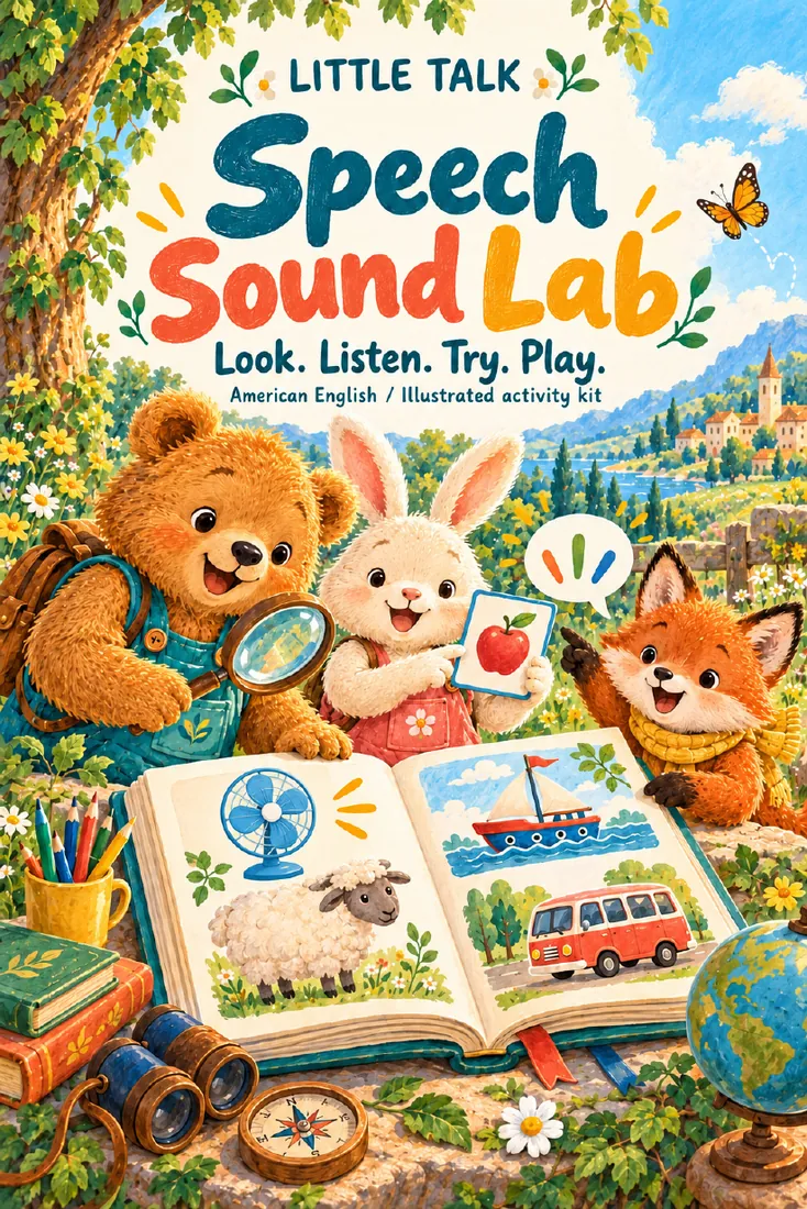 Speech Sound Lab cover with Bear, Bunny and Fox around an open picture book
