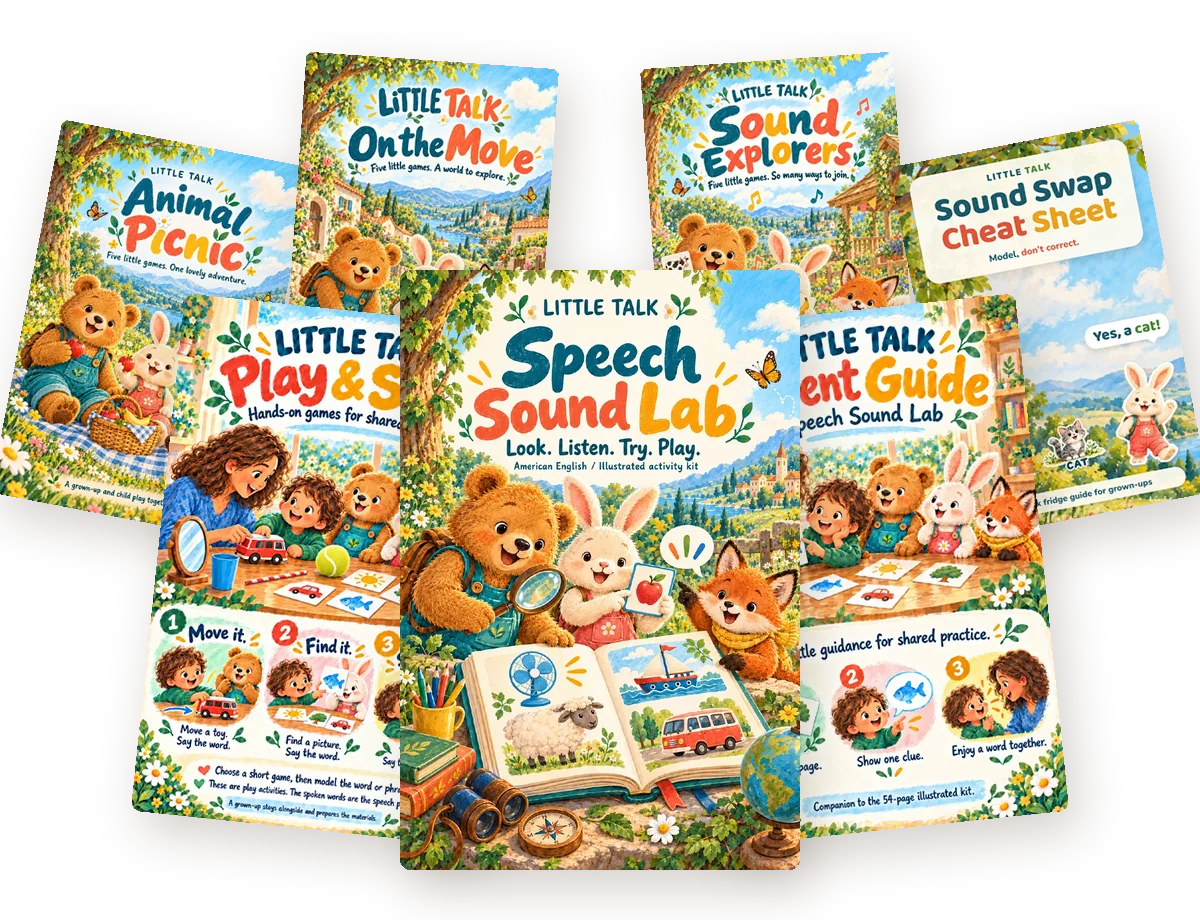 The complete Little Talk kit: Speech Sound Lab, Parent Guide, Play & Say and the bonuses Animal Picnic, On The Move, Sound Explorers and Sound Swap Cheat Sheet